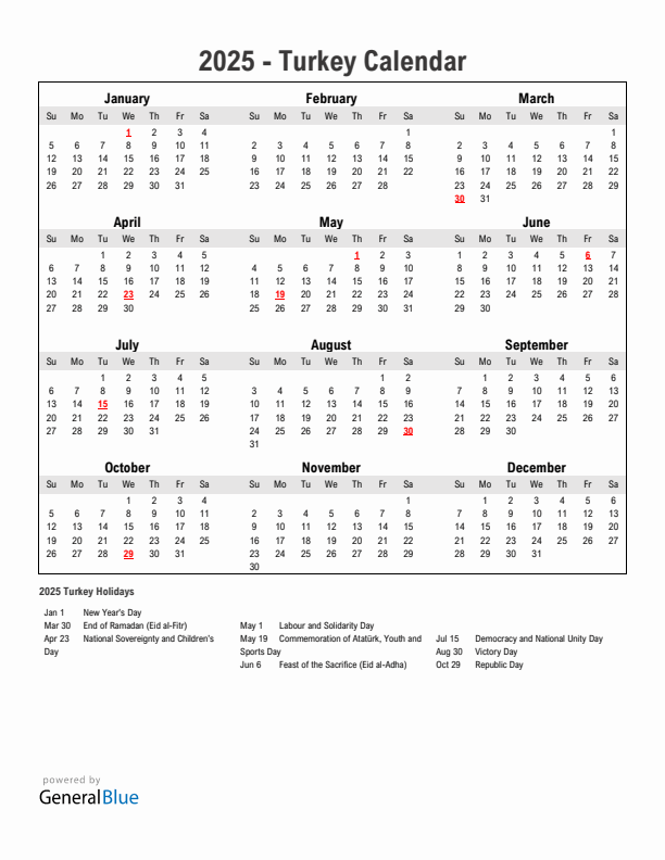 Year 2025 Simple Calendar With Holidays in Turkey