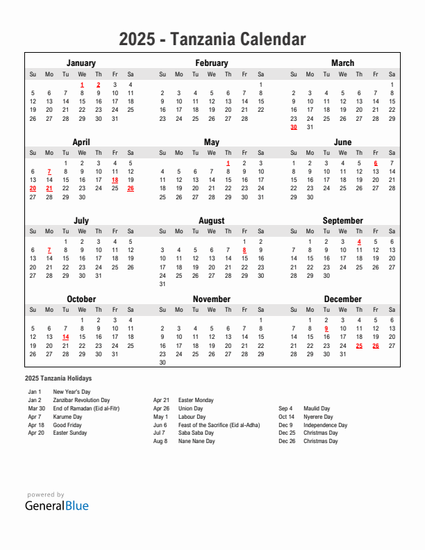 Year 2025 Simple Calendar With Holidays in Tanzania