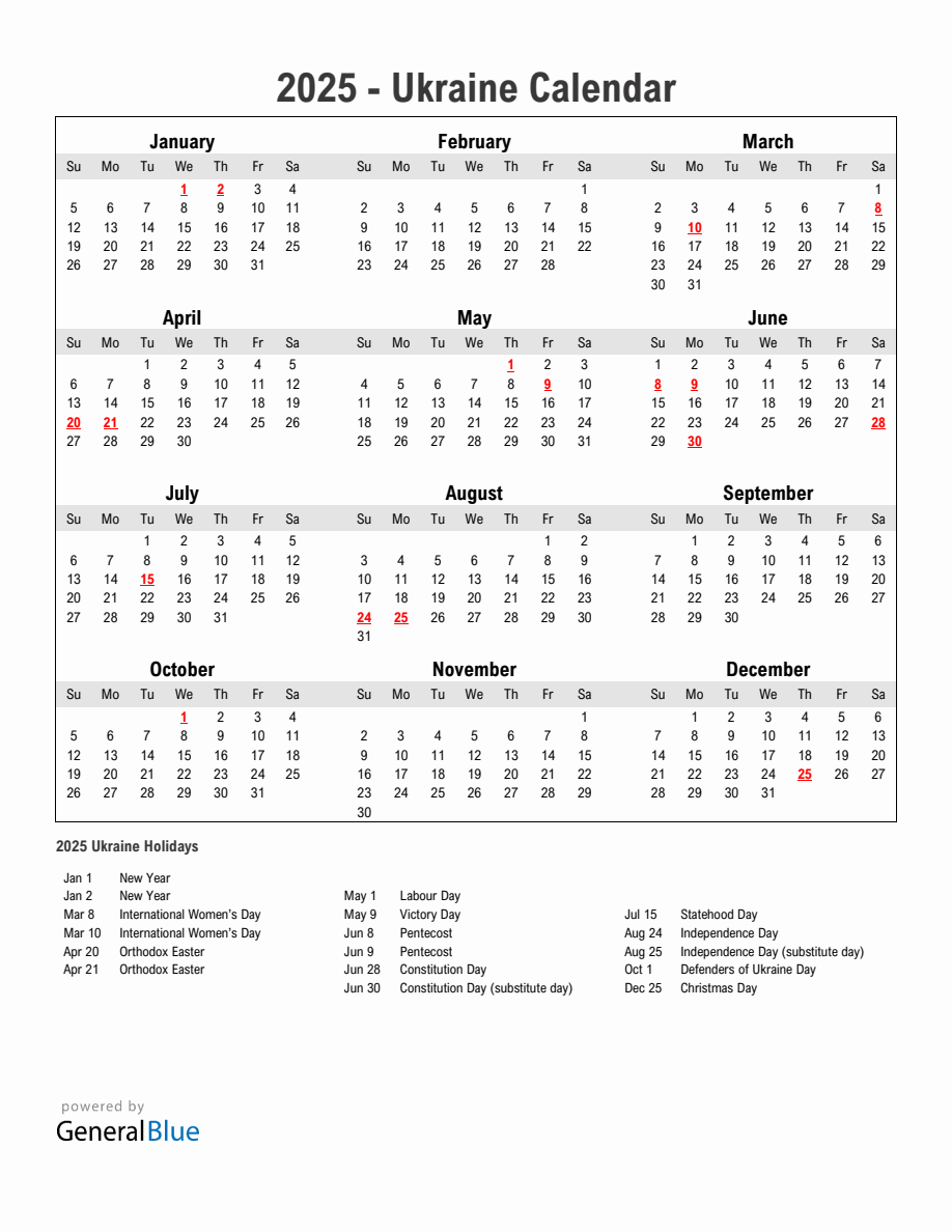 Year 2025 Simple Calendar With Holidays in Ukraine