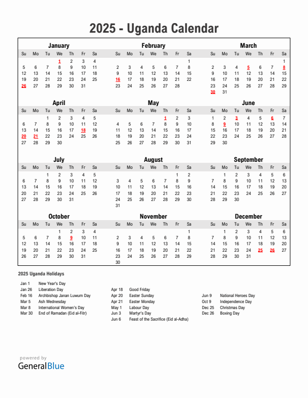 Year 2025 Simple Calendar With Holidays in Uganda