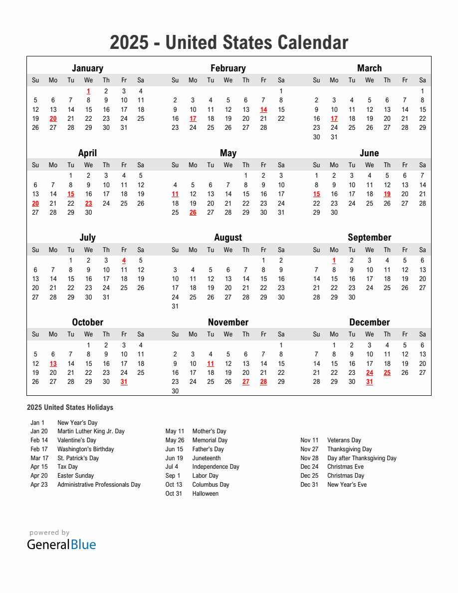 Year 2025 Simple Calendar With Holidays in United States