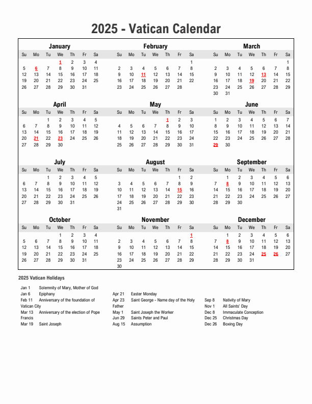 Year 2025 Simple Calendar With Holidays in Vatican
