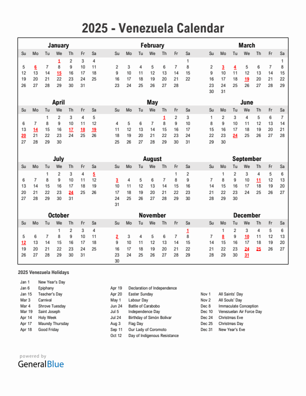 Year 2025 Simple Calendar With Holidays in Venezuela
