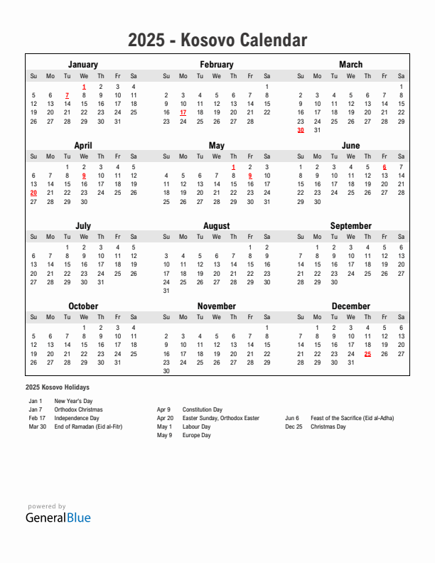 Year 2025 Simple Calendar With Holidays in Kosovo