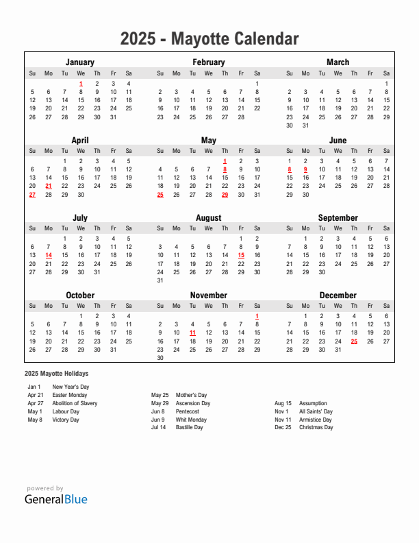Year 2025 Simple Calendar With Holidays in Mayotte
