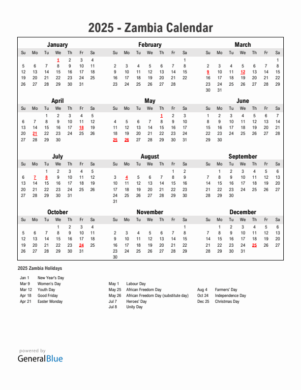 Year 2025 Simple Calendar With Holidays in Zambia