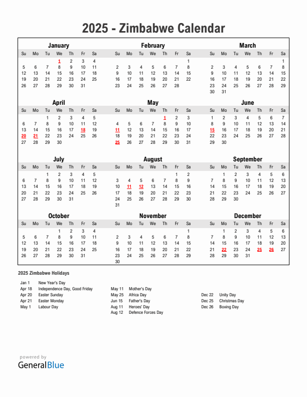 Year 2025 Simple Calendar With Holidays in Zimbabwe