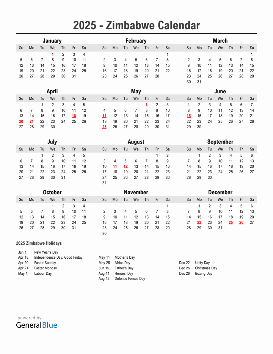 Year 2025 Simple Calendar With Holidays in Zimbabwe