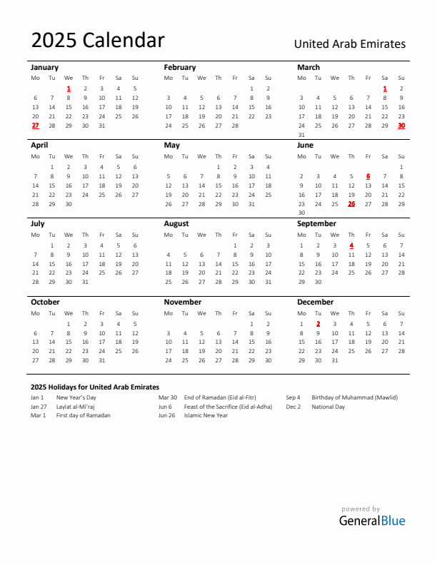 Standard Holiday Calendar for 2025 with United Arab Emirates Holidays 