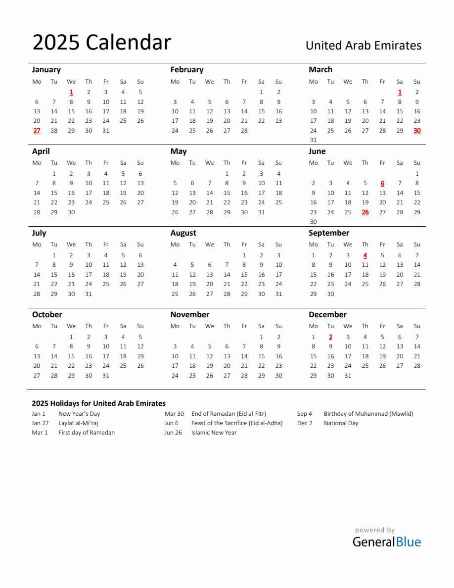 Standard Holiday Calendar for 2025 with United Arab Emirates Holidays