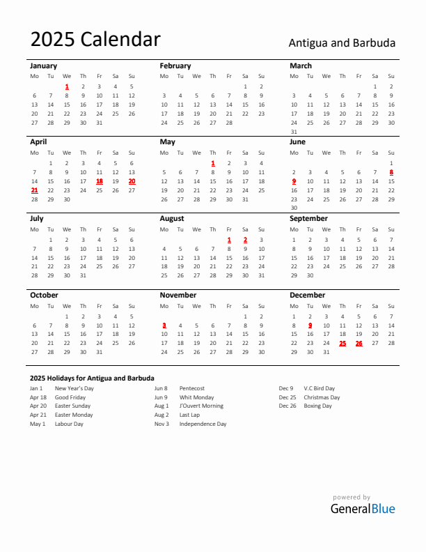 Standard Holiday Calendar for 2025 with Antigua and Barbuda Holidays 