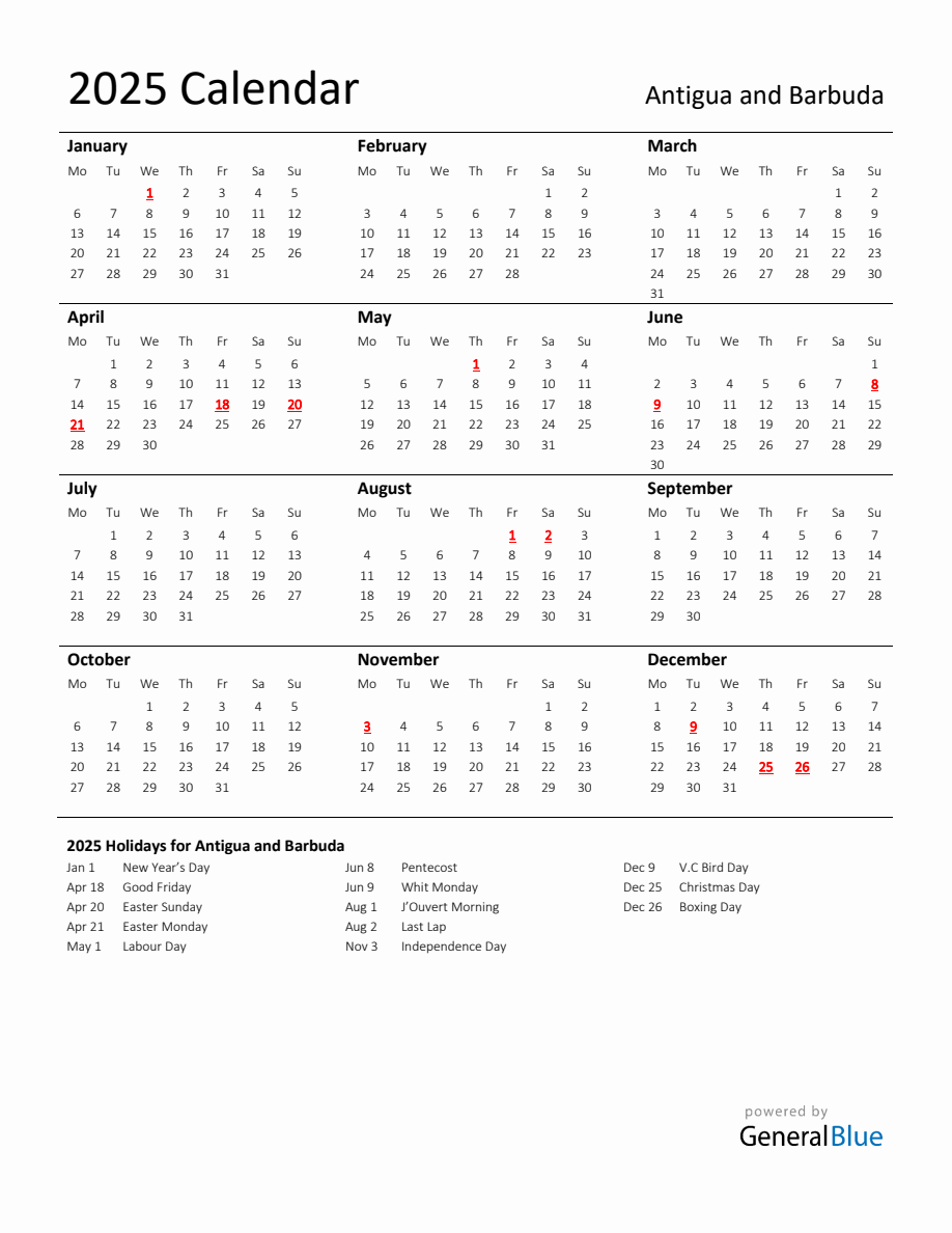 Standard Holiday Calendar for 2025 with Antigua and Barbuda Holidays