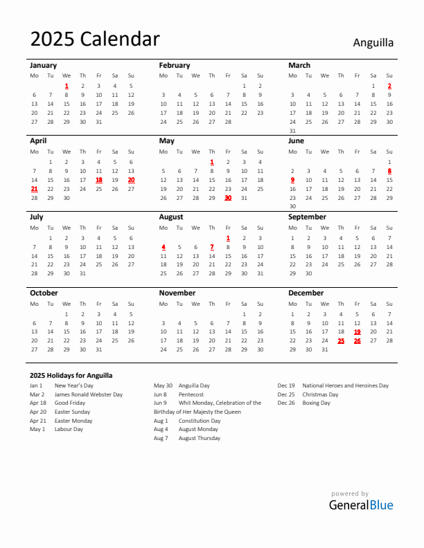 2025 Anguilla Calendar with Holidays