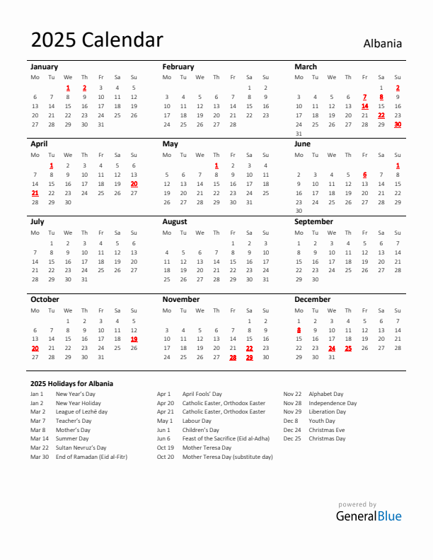 Standard Holiday Calendar for 2025 with Albania Holidays 
