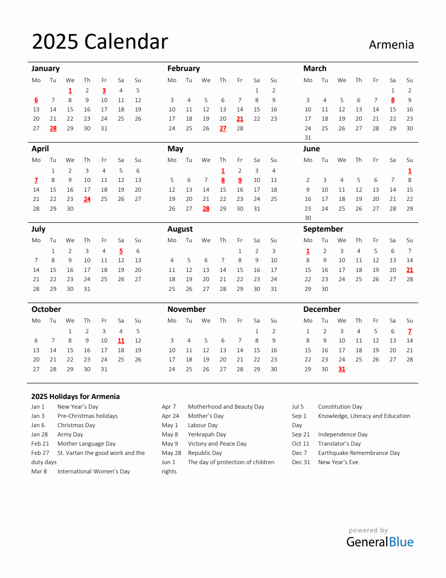 Standard Holiday Calendar for 2025 with Armenia Holidays
