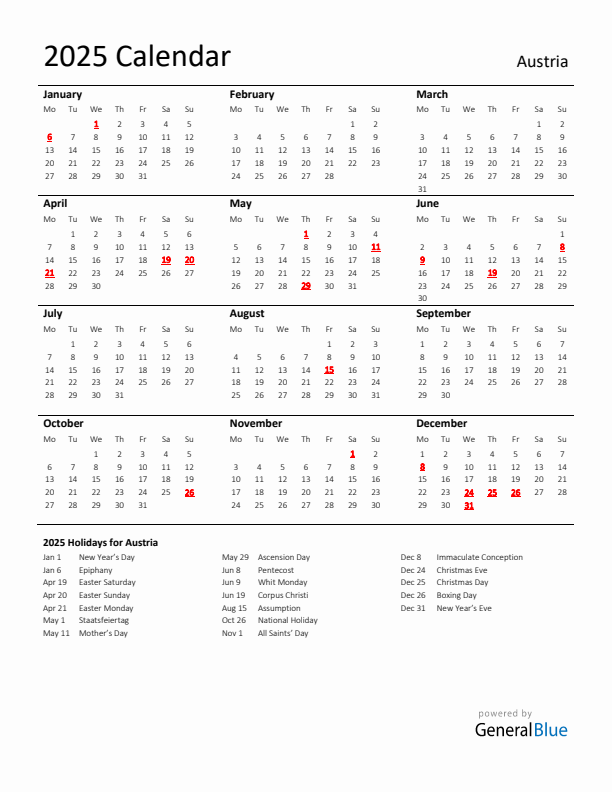 Standard Holiday Calendar for 2025 with Austria Holidays 