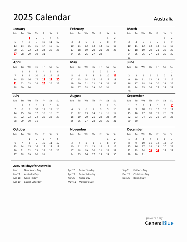 Standard Holiday Calendar for 2025 with Australia Holidays