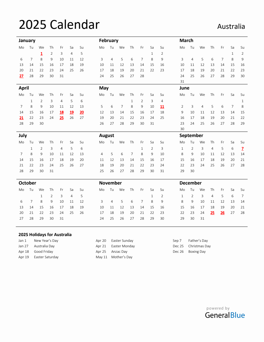Standard Holiday Calendar for 2025 with Australia Holidays