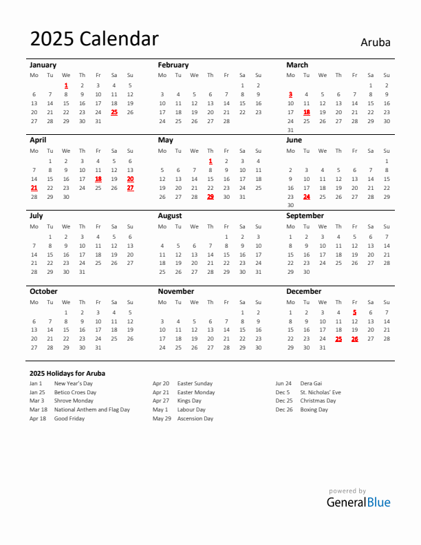 Standard Holiday Calendar for 2025 with Aruba Holidays 