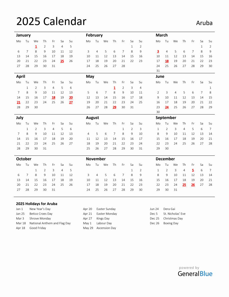 Standard Holiday Calendar for 2025 with Aruba Holidays