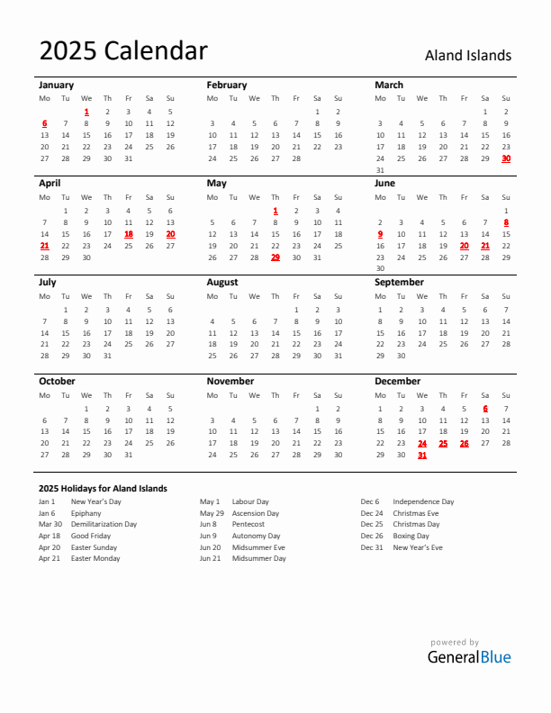 Standard Holiday Calendar for 2025 with Aland Islands Holidays 