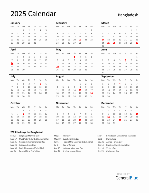 Standard Holiday Calendar for 2025 with Bangladesh Holidays