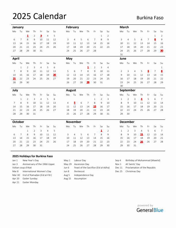 Standard Holiday Calendar for 2025 with Burkina Faso Holidays 