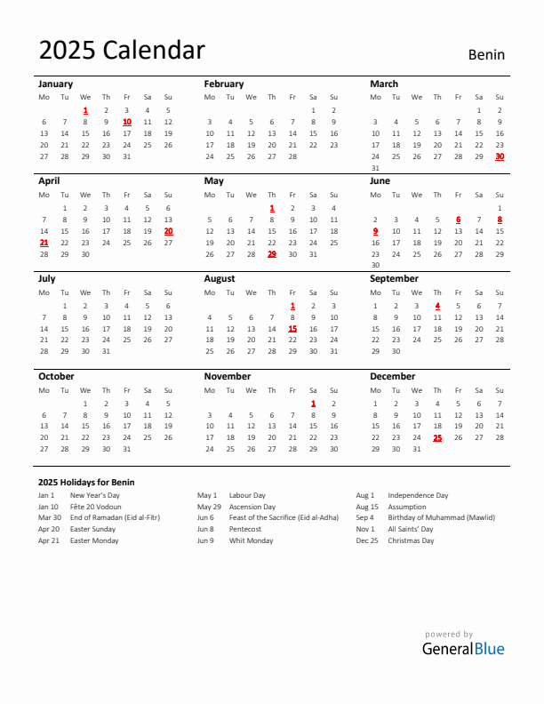 Standard Holiday Calendar for 2025 with Benin Holidays 