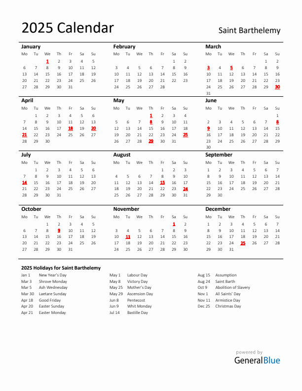 Standard Holiday Calendar for 2025 with Saint Barthelemy Holidays 