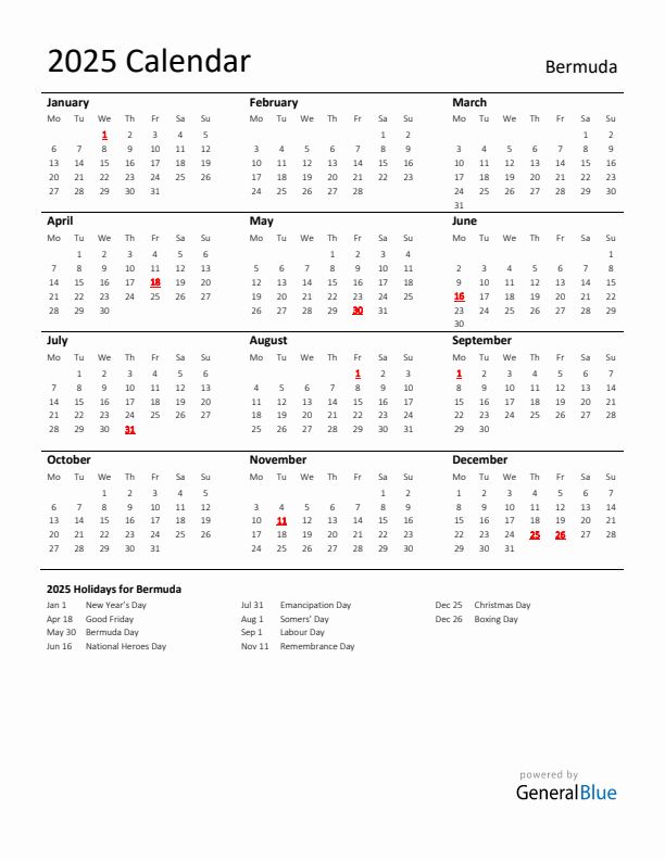 Standard Holiday Calendar for 2025 with Bermuda Holidays 