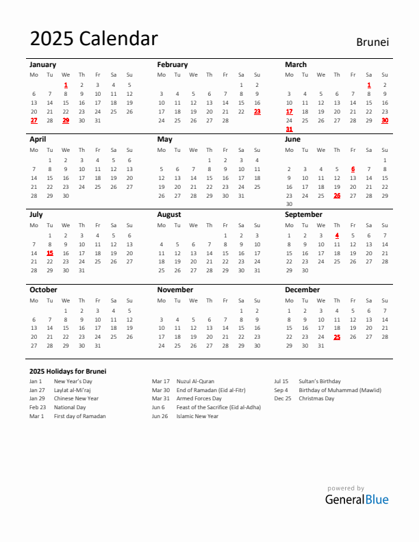 Standard Holiday Calendar for 2025 with Brunei Holidays 