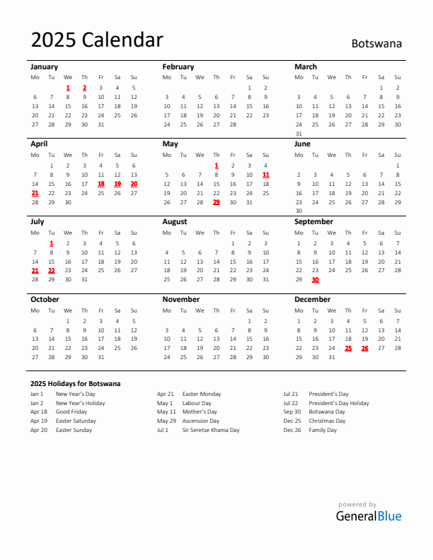 Standard Holiday Calendar for 2025 with Botswana Holidays 