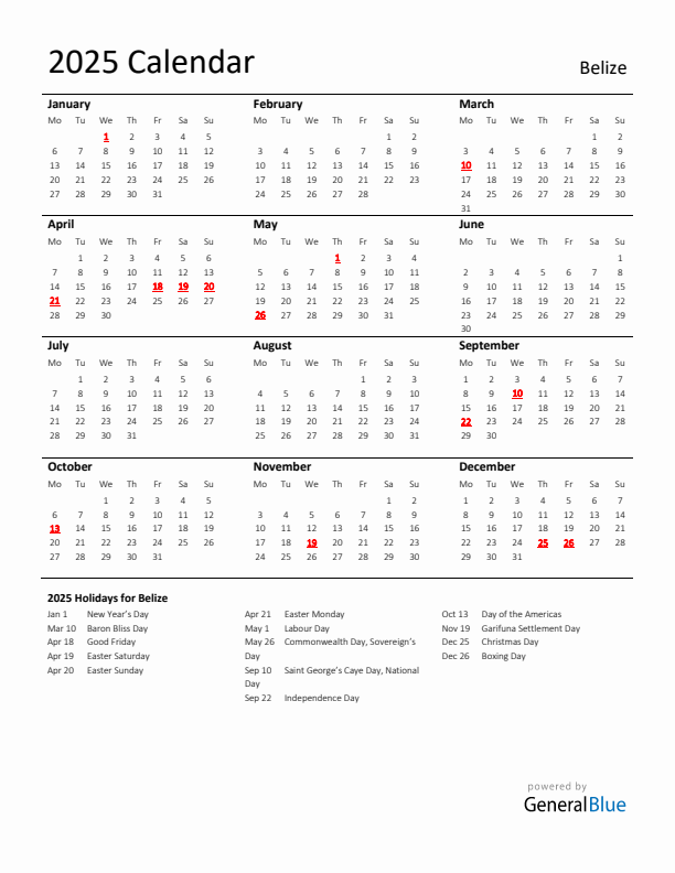 Standard Holiday Calendar for 2025 with Belize Holidays 