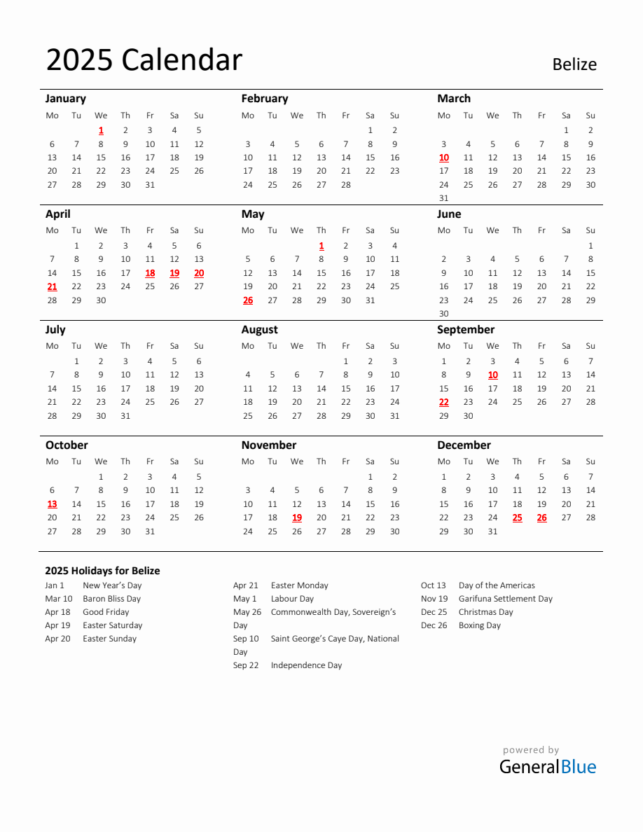 Standard Holiday Calendar for 2025 with Belize Holidays