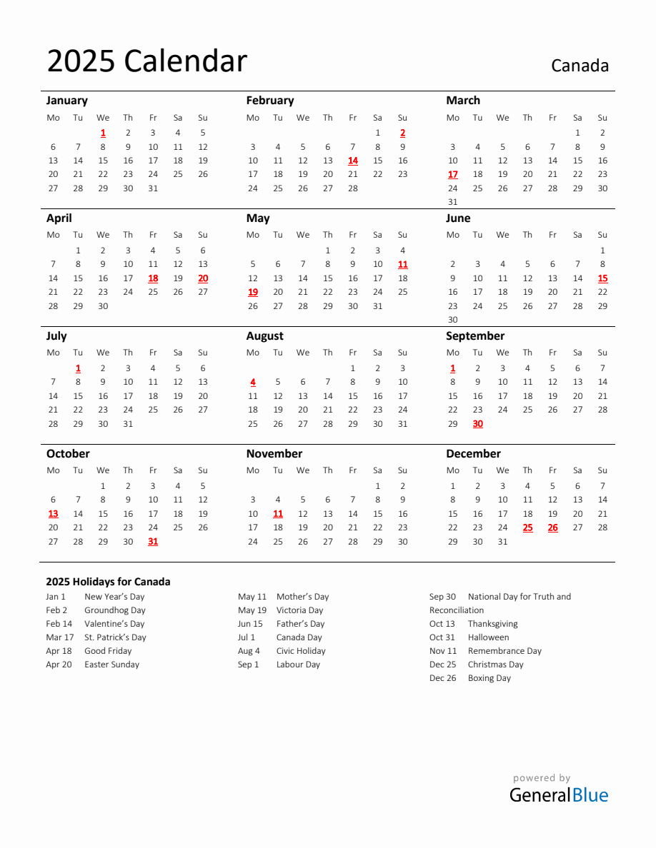 Standard Holiday Calendar for 2025 with Canada Holidays