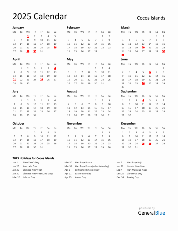Standard Holiday Calendar for 2025 with Cocos Islands Holidays 