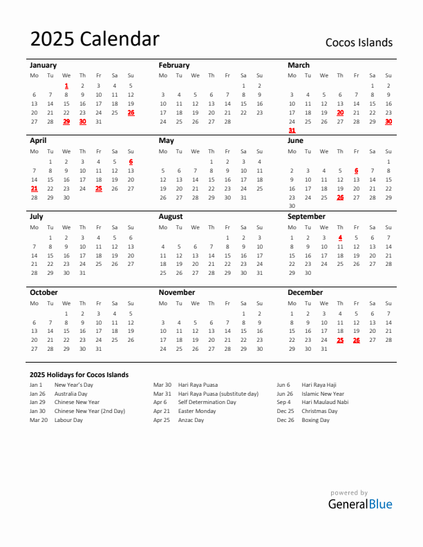 Standard Holiday Calendar For 2025 With Cocos Islands Holidays