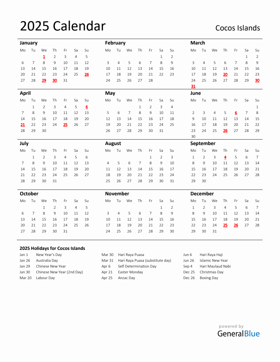 Standard Holiday Calendar for 2025 with Cocos Islands Holidays