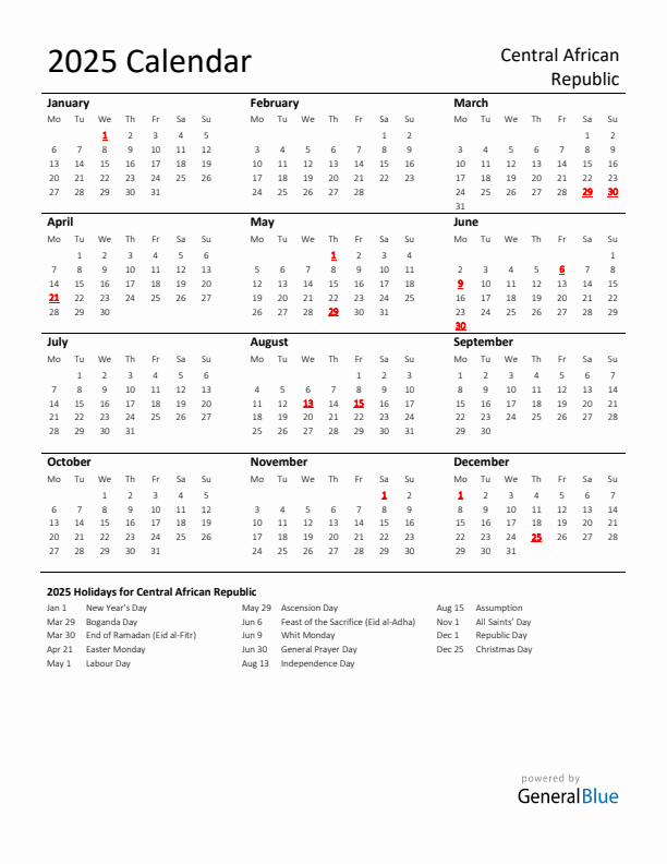 Standard Holiday Calendar for 2025 with Central African Republic Holidays 