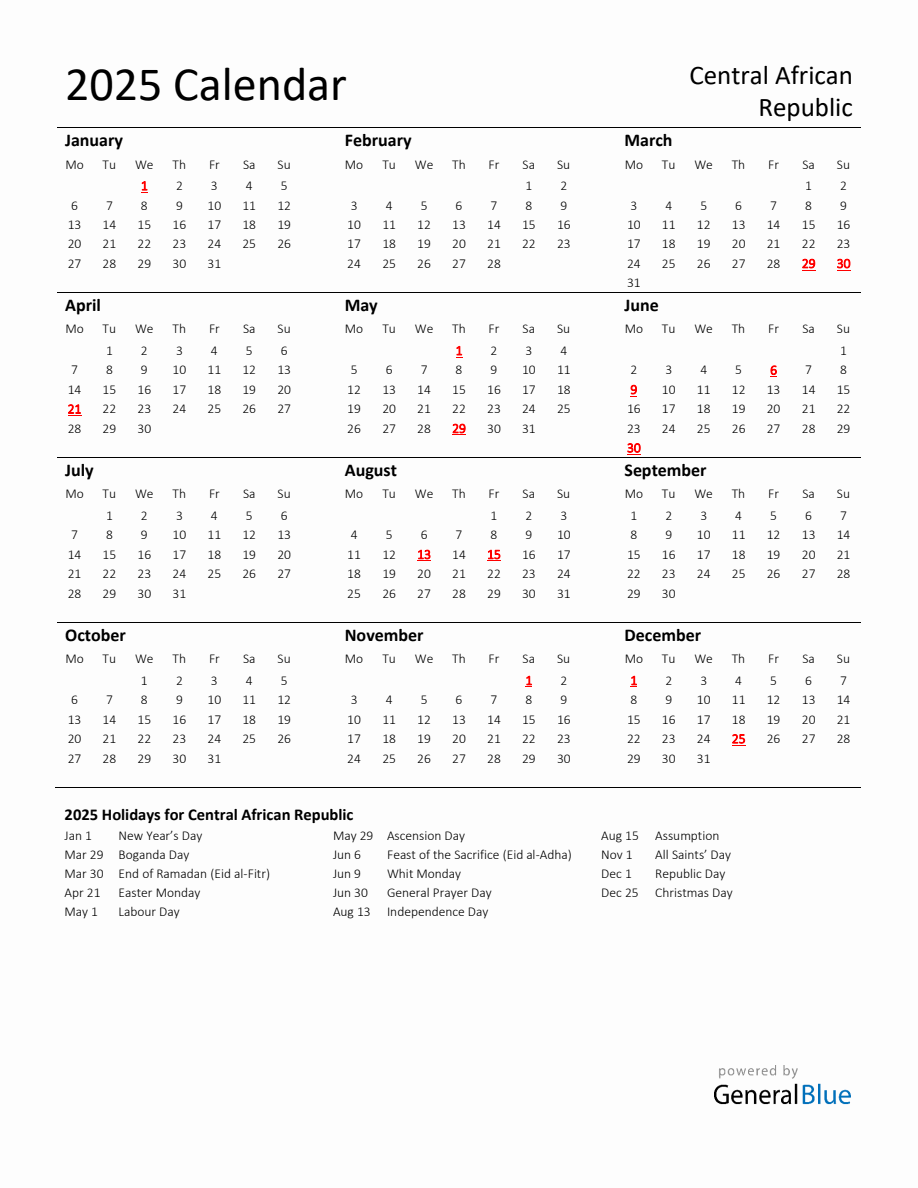 Standard Holiday Calendar for 2025 with Central African Republic Holidays