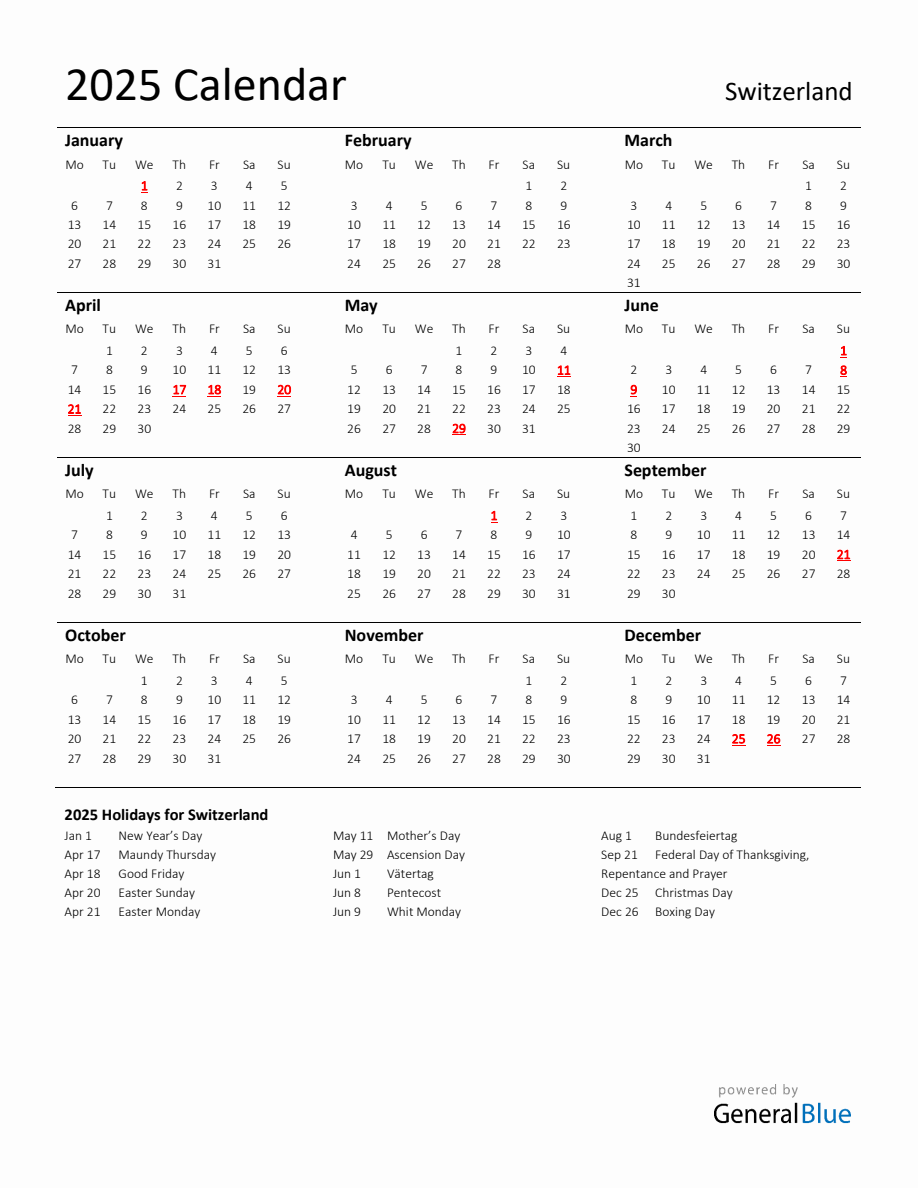 Standard Holiday Calendar for 2025 with Switzerland Holidays