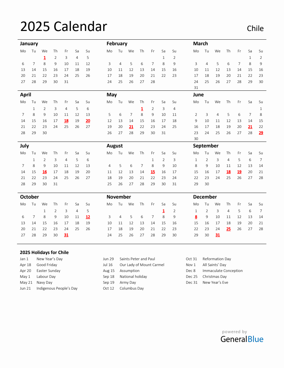 Standard Holiday Calendar for 2025 with Chile Holidays