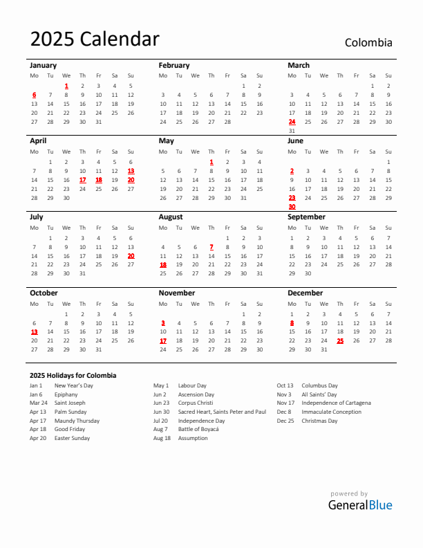 Standard Holiday Calendar for 2025 with Colombia Holidays 
