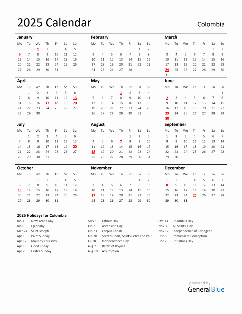 Standard Holiday Calendar for 2025 with Colombia Holidays