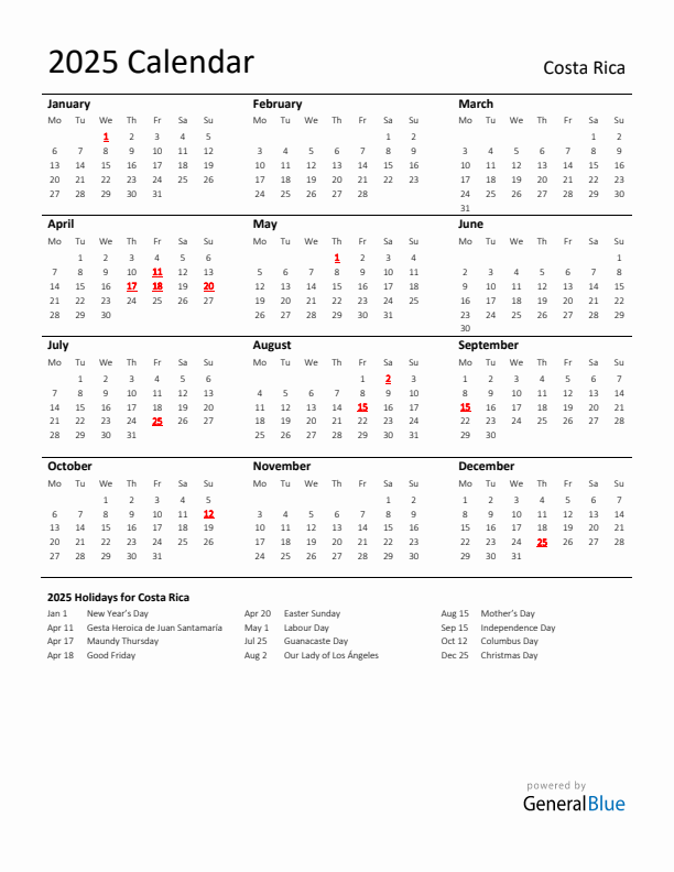 Standard Holiday Calendar for 2025 with Costa Rica Holidays 