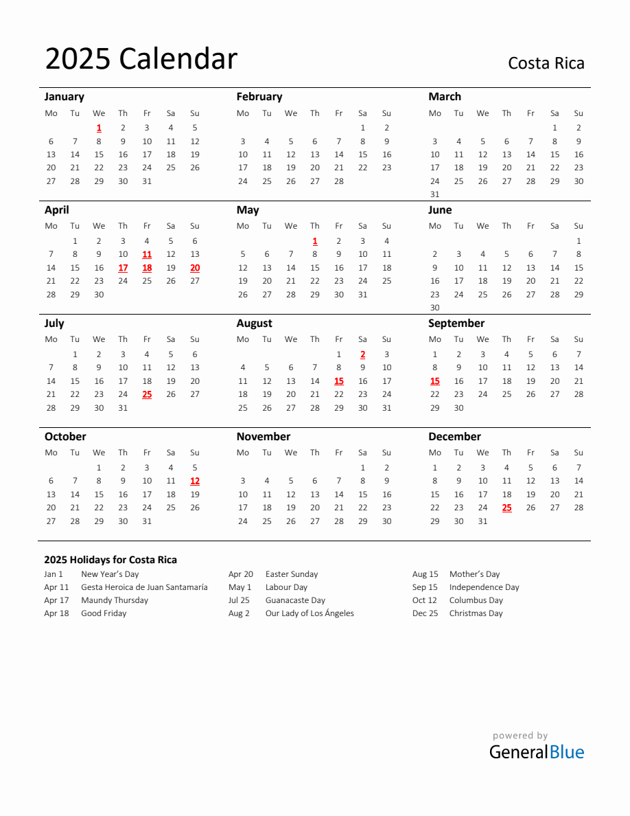 Standard Holiday Calendar for 2025 with Costa Rica Holidays