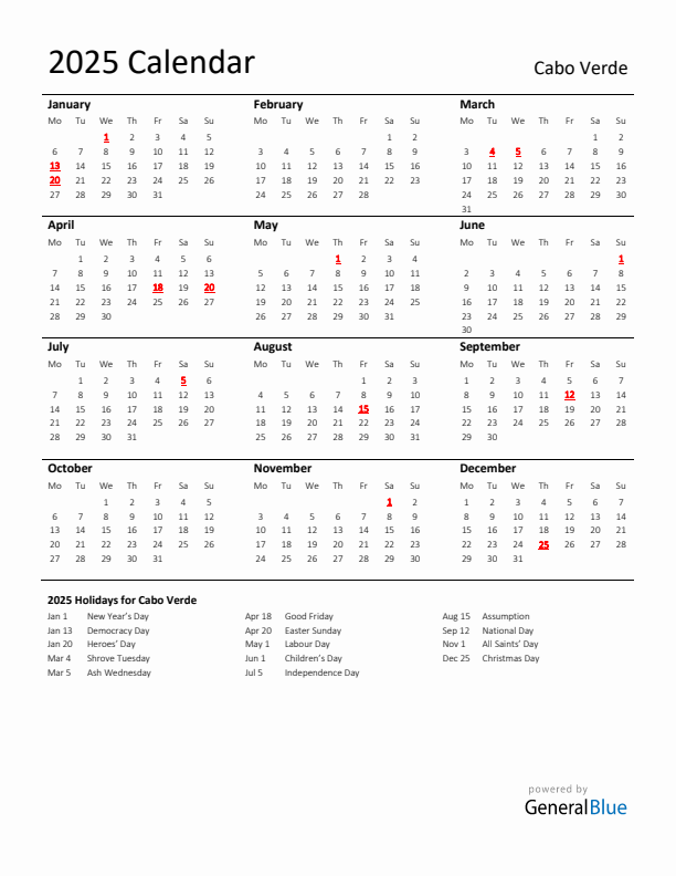 Standard Holiday Calendar for 2025 with Cabo Verde Holidays 