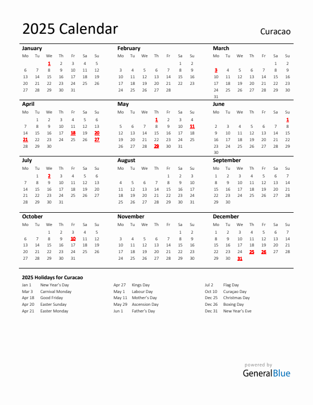 Standard Holiday Calendar for 2025 with Curacao Holidays 