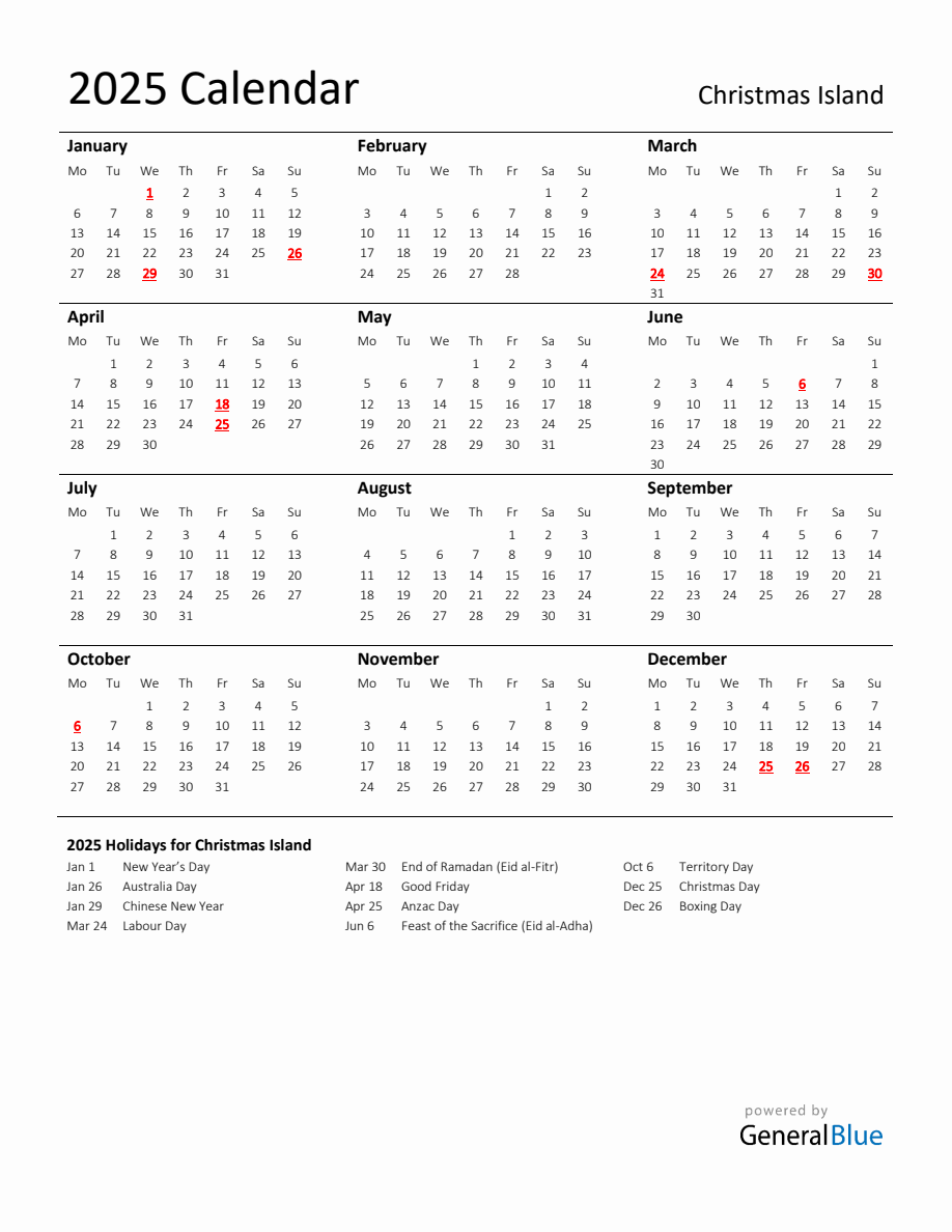 Standard Holiday Calendar for 2025 with Christmas Island Holidays