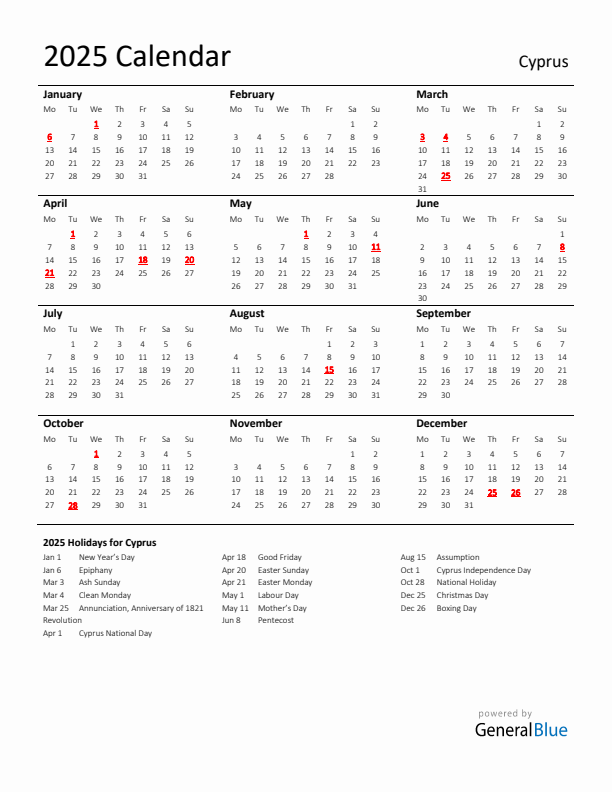 Standard Holiday Calendar for 2025 with Cyprus Holidays 